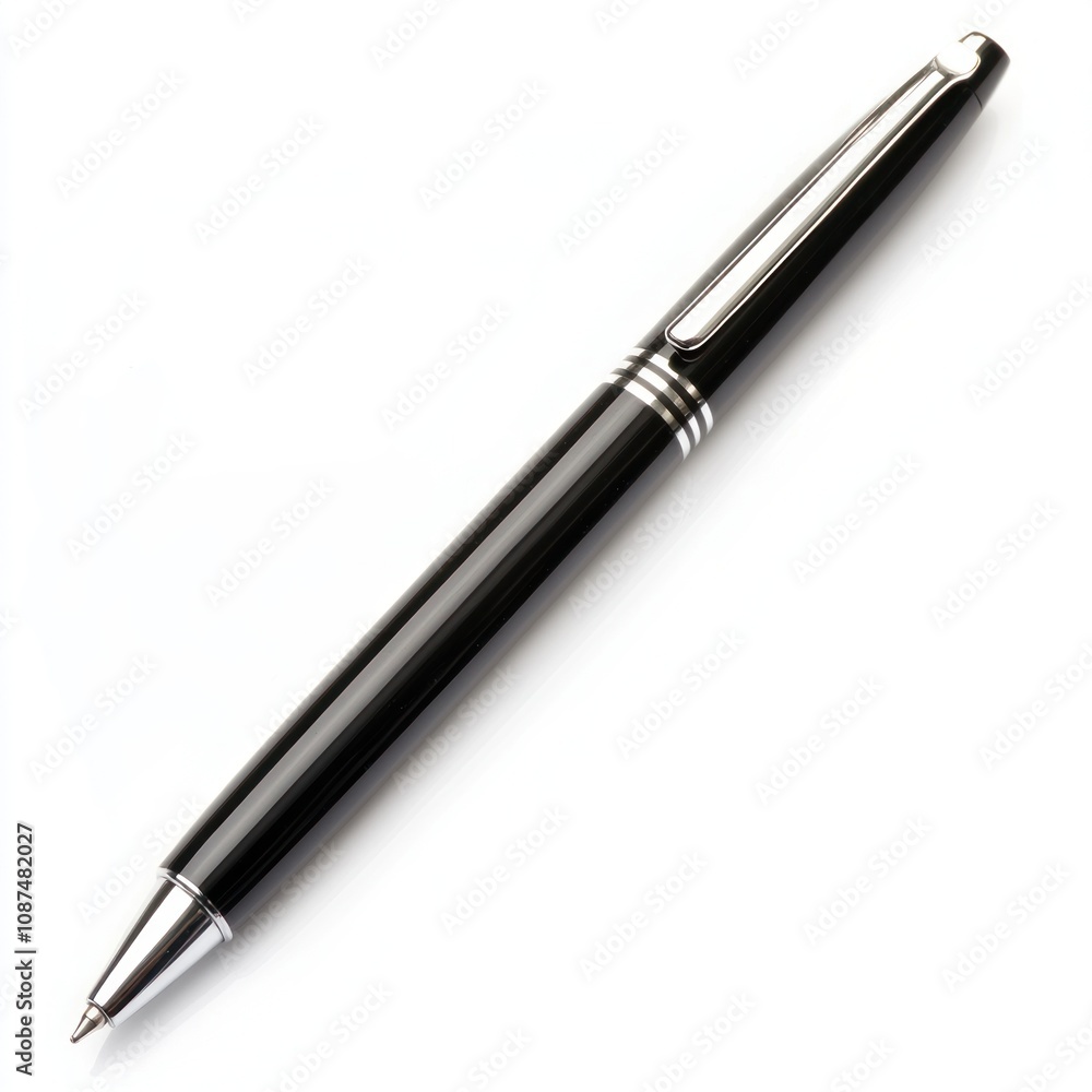 A sleek black pen with silver accents, designed for writing and professional use. A sleek black pen with silver accents, designed for writing and professional use.