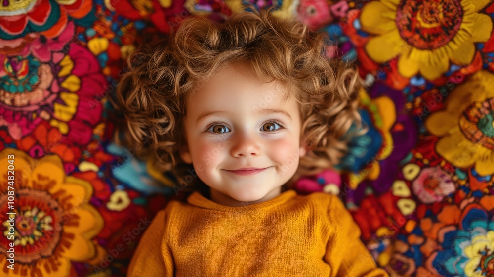 Joyful Child Against Vibrant Floral Background Joyful Child Against Vibrant Floral Background