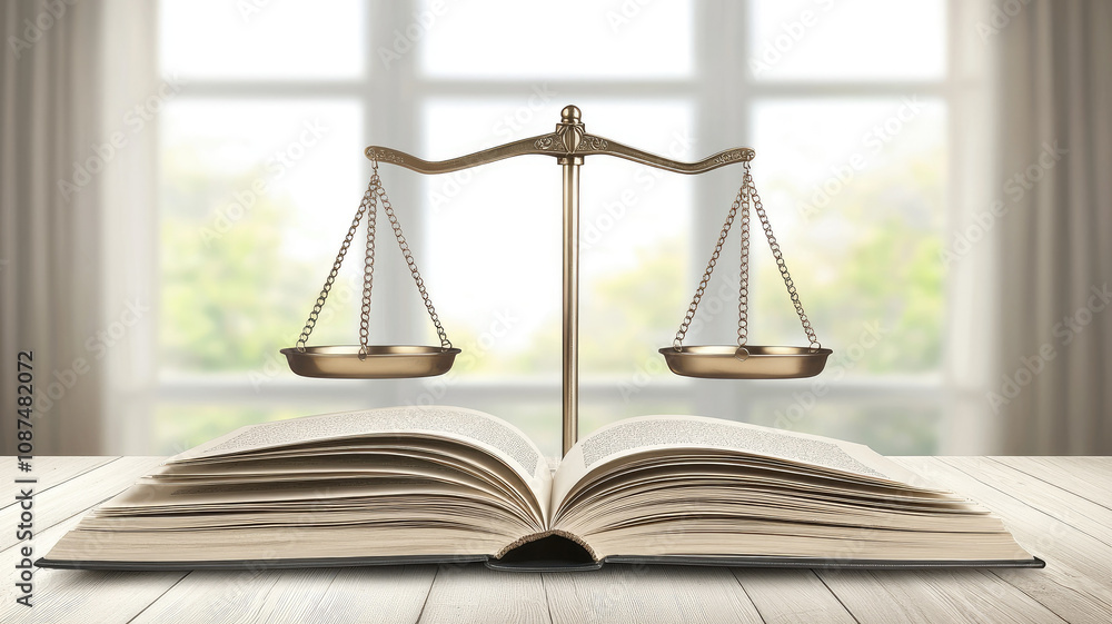 Balanced scales of justice on open book symbolize law and fairness Balanced scales of justice on open book symbolize law and fairness