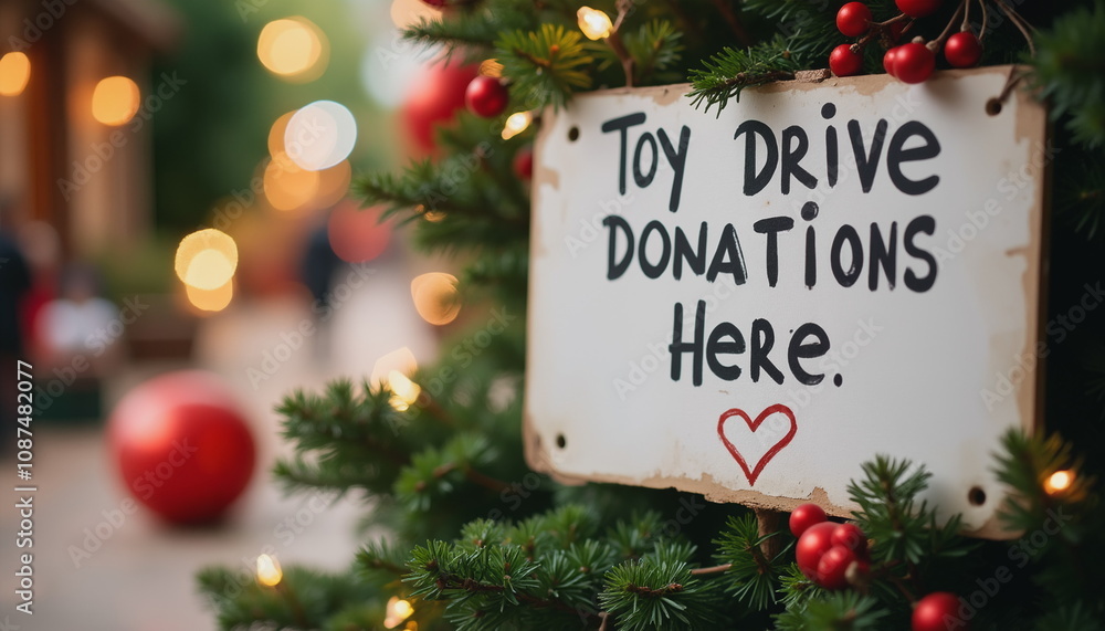 Toy drive donation sign on a festive tree with holiday decorations in a joyful outdoor setting Toy drive donation sign on a festive tree with holiday decorations in a joyful outdoor setting
