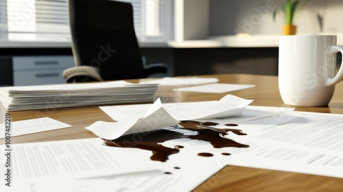 A white mug tipped over on a wooden desk, spilling coffee onto important office documents, creating a mess in a modern office setting.. photo