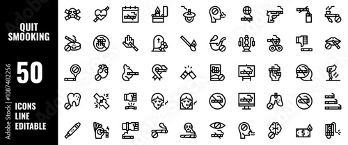 50 Quit Smoking Icons Set Pack Line Editable Vector Illustration