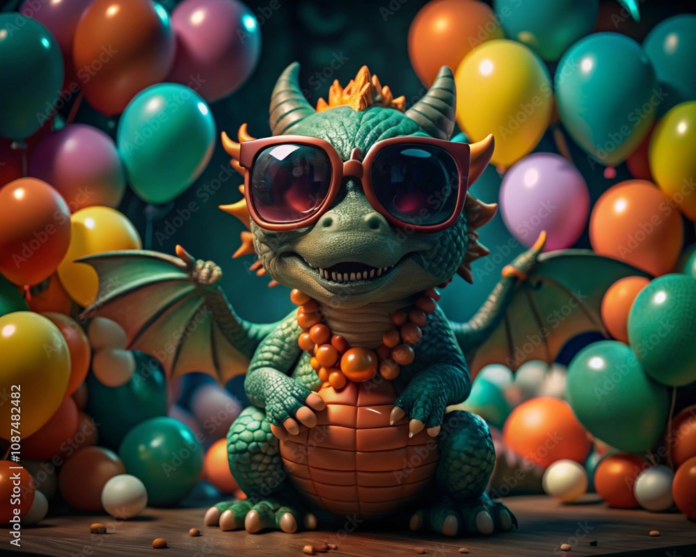 Colorful Party Dragon with Sunglasses and Balloons generative ai Colorful Party Dragon with Sunglasses and Balloons generative ai