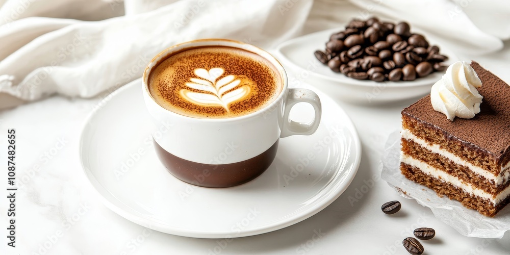 Cup of coffee accompanied by beans on a clean white table alongside a pair of delectable cakes, creating an inviting and cozy atmosphere for coffee lovers and cake enthusiasts.