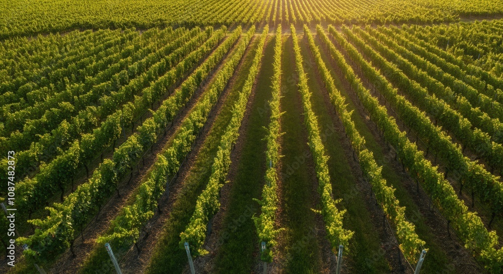 Golden hour lush vineyard rows in the countryside Golden hour lush vineyard rows in the countryside