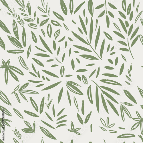 Abstract vector strokes leaf tropical pattern, green organic ornament