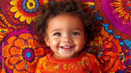 Joyful Child Smiling on Vibrant Floral Pattern Background