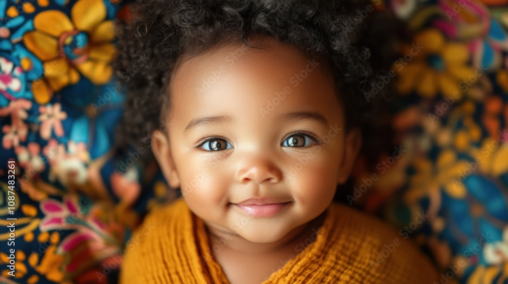 Adorable Smiling Baby with Curly Hair on Vibrant Floral Background Adorable Smiling Baby with Curly Hair on Vibrant Floral Background