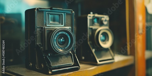 Two vintage single lens reflex cameras sit side by side on a shelf, showcasing old unused photo equipment that highlights the charm of single lens reflex cameras in photography history.