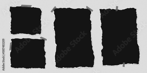 Set of torn black note paper pieces with sticky tape are on transparent background for text, notes or ad.