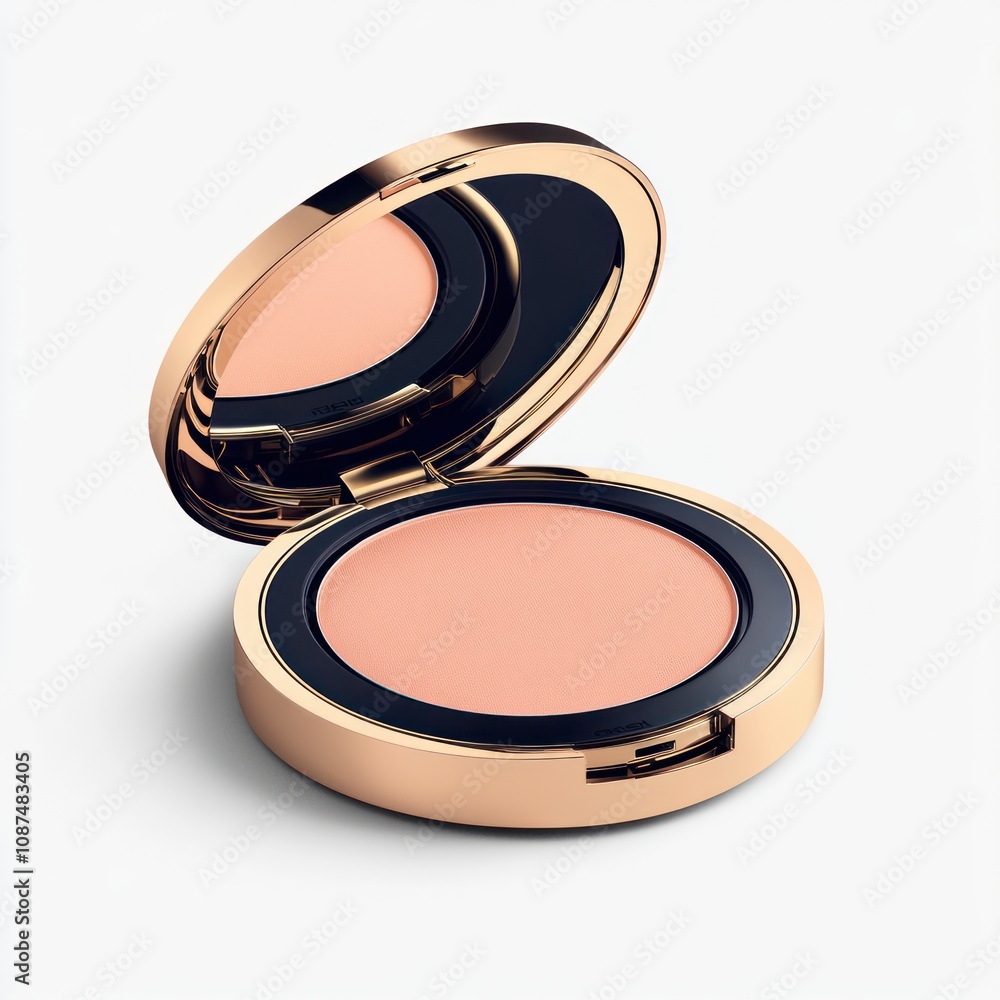 A compact blush makeup product with a soft peach color in a stylish mirrored case. A compact blush makeup product with a soft peach color in a stylish mirrored case.