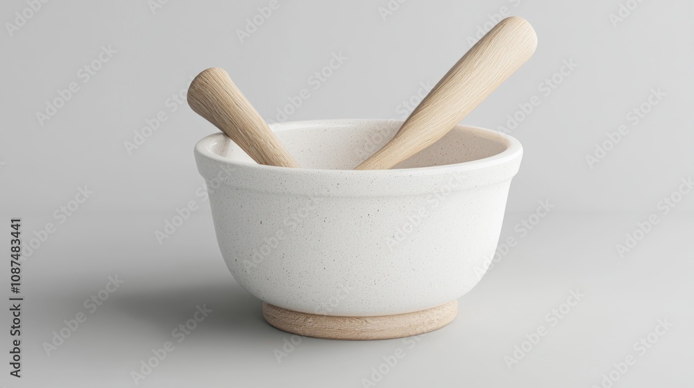 White Ceramic Mortar and Pestle Set with Wooden Handles White Ceramic Mortar and Pestle Set with Wooden Handles