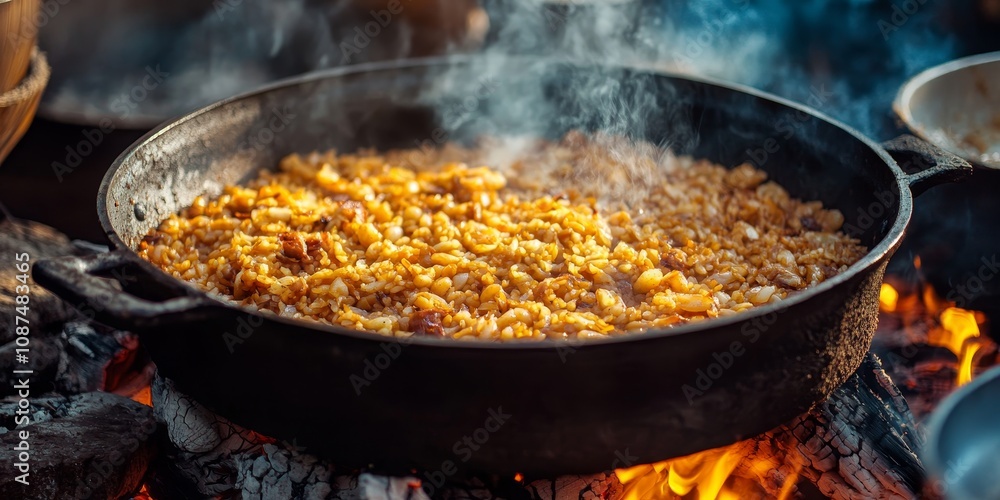 Pilau cooking in a cauldron over an open fire showcases the traditional method for preparing pilau. The art of cooking pilau in a cauldron brings rich flavors and aromas to life. Pilau cooking in a cauldron over an open fire showcases the traditional method for preparing pilau. The art of cooking pilau in a cauldron brings rich flavors and aromas to life.