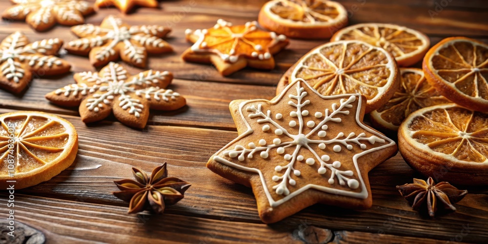 Festive Gingerbread Cookies and Dried Citrus Slices on a Rustic Wooden Surface Festive Gingerbread Cookies and Dried Citrus Slices on a Rustic Wooden Surface