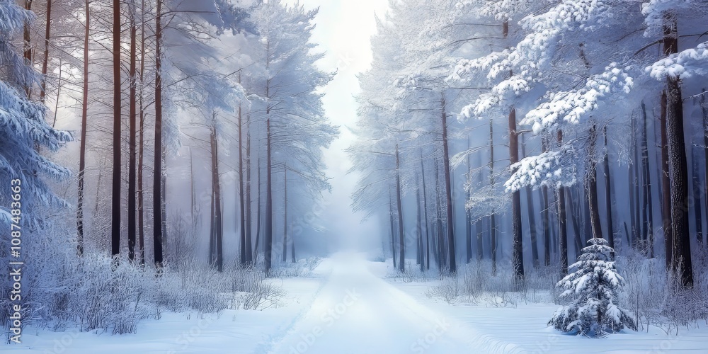 Naklejka premium Winter forests showcase the beauty of nature, with snow covered trees and serene landscapes highlighting the enchanting forests filled with tranquility and charm. Explore the wonder of winter forests.