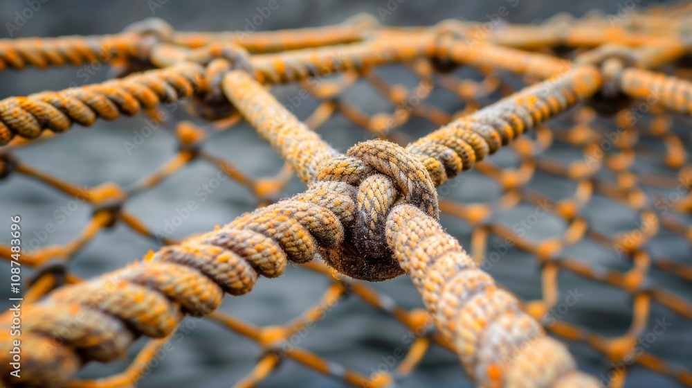 Close-Up of Knotted Safety Net Over Water Symbolizing Risk Mitigation and Security Measures Close-Up of Knotted Safety Net Over Water Symbolizing Risk Mitigation and Security Measures