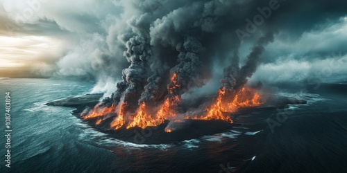 Smoke clouds envelop a burning island in the ocean, creating a dramatic scene of nature s fury. The smoke clouds rise above, illustrating the intensity of the island s fiery destruction.