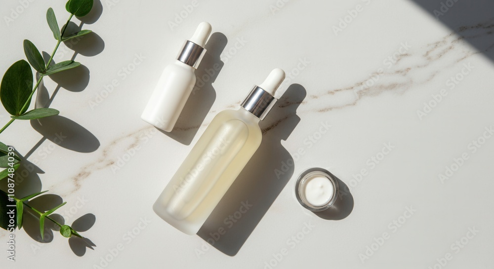 minimalist skincare bottles with natural light on marble background minimalist skincare bottles with natural light on marble background