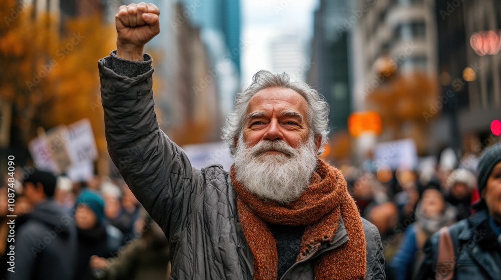Elderly Activist Raising Fist in Peaceful Protest Amid Cityscape Elderly Activist Raising Fist in Peaceful Protest Amid Cityscape