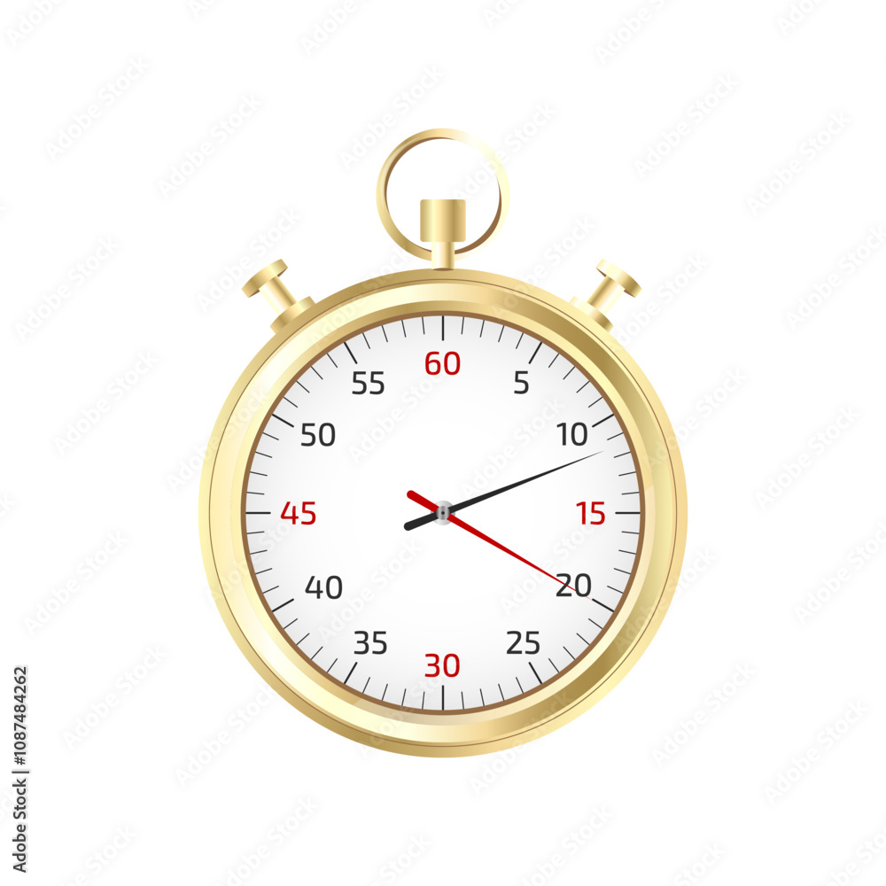 3d vector realistic simple classic golden stopwatch icon. Isolated on a white background. Sport equipment timer measurement. Showing start and finish running and exercise. Metal chronometer 3d vector realistic simple classic golden stopwatch icon. Isolated on a white background. Sport equipment timer measurement. Showing start and finish running and exercise. Metal chronometer
