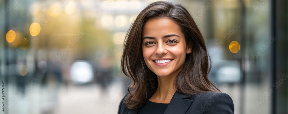 Confident Businesswoman Smiling with Bokeh Background in Urban Setting, Professional and Modern Corporate Portrait Confident Businesswoman Smiling with Bokeh Background in Urban Setting, Professional and Modern Corporate Portrait