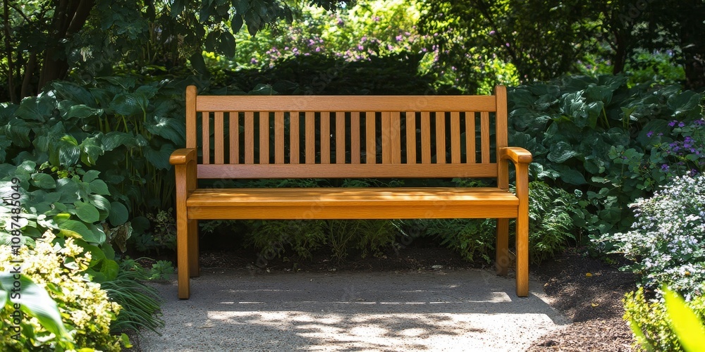Wooden park bench situated in a lush garden, providing a serene spot for relaxation. This wooden park bench offers both comfort and charm, enhancing the beauty of any garden space. Wooden park bench situated in a lush garden, providing a serene spot for relaxation. This wooden park bench offers both comfort and charm, enhancing the beauty of any garden space.