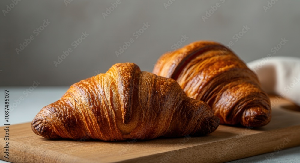 Golden brown fresh croissants on wooden board Golden brown fresh croissants on wooden board