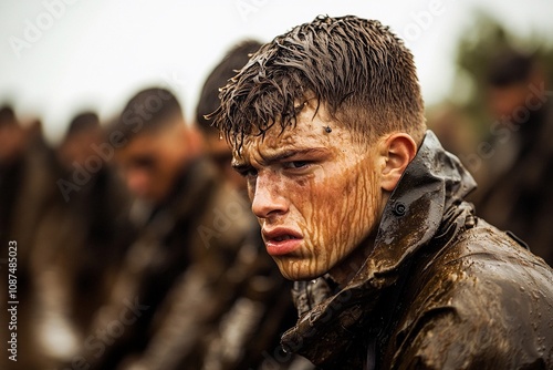 Young soldier experiences challenges during intensive training in muddy conditions. Generative AI photo