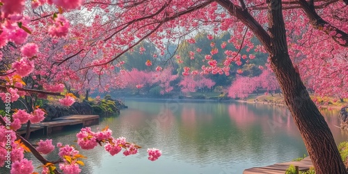 Border of blooming pink sakura cherry tree branches creating a picturesque scene in a garden. The vibrant sakura cherry blossoms enhance the garden s beauty and charm. photo