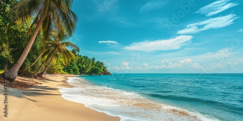 Fototapeta Naklejka Na Ścianę i Meble -  Tropical beach scene featuring palm trees and a stunning turquoise sea, ideal for showcasing the beauty of a tropical beach with palm trees and serene turquoise water.