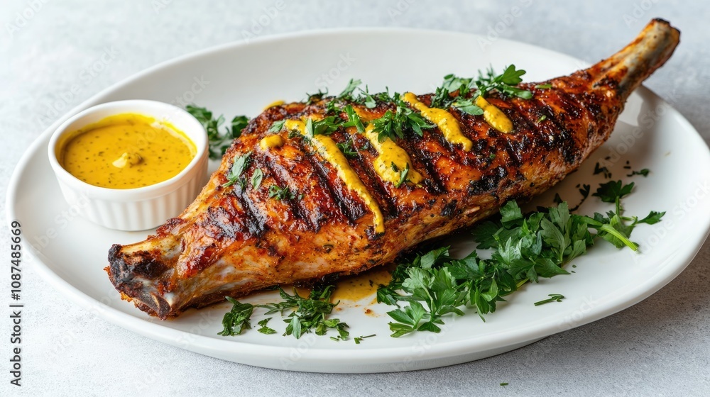 Grilled Fish with Sauce on White Plate Grilled Fish with Sauce on White Plate