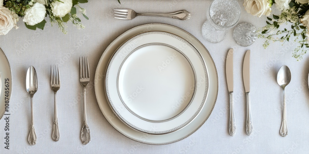 Flatlay arrangement featuring porcelain plates and silver cutlery placed on an elegant tablecloth, creating a charming flatlay composition for culinary or dining themes. Flatlay arrangement featuring porcelain plates and silver cutlery placed on an elegant tablecloth, creating a charming flatlay composition for culinary or dining themes.