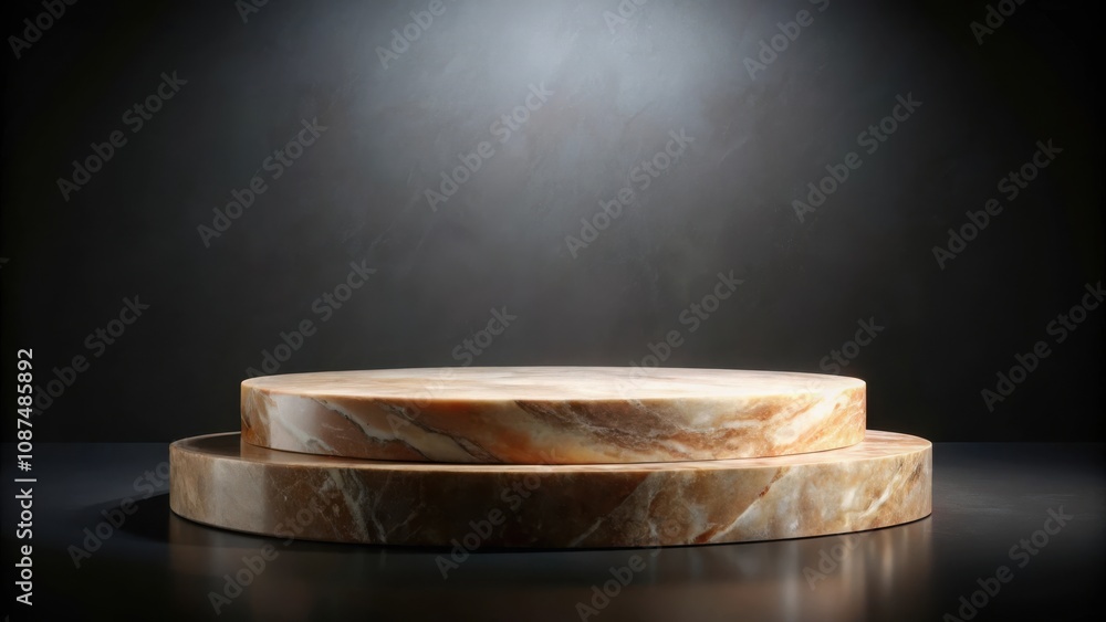 Two-tiered marble podium on a black background, perfect for showcasing products or displaying artistic creations Two-tiered marble podium on a black background, perfect for showcasing products or displaying artistic creations