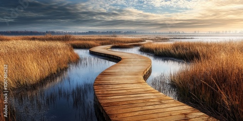 A stunning wooden footpath meanders through a tranquil marsh during early spring, inviting exploration of the serene landscape along the captivating footpath in nature. photo