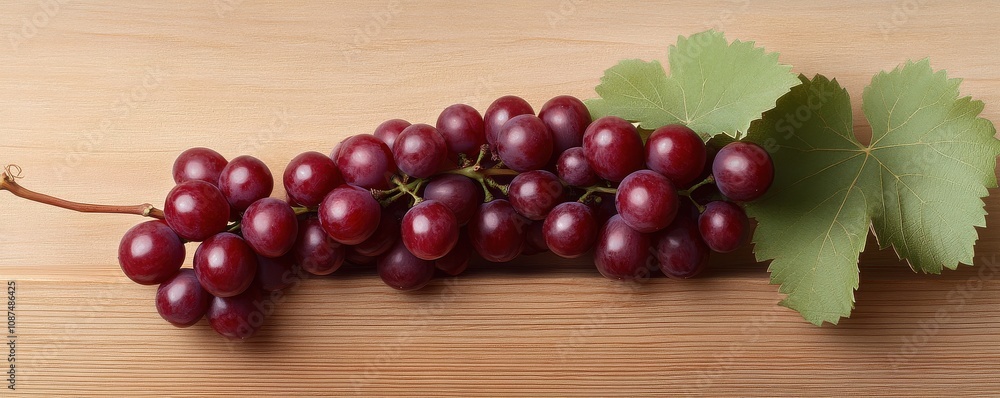 A cluster of ripe red grapes with green leaves, resting on a wooden surface, showcasing their fresh and natural appeal. A cluster of ripe red grapes with green leaves, resting on a wooden surface, showcasing their fresh and natural appeal.