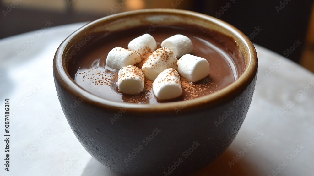A rich and thick hot chocolate made with dark chocolate, milk, and a dash of cinnamon, topped with marshmallows. A rich and thick hot chocolate made with dark chocolate, milk, and a dash of cinnamon, topped with marshmallows.