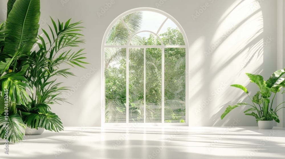 A white room with a white floor and a large window. Tropical plants. Green leaves. Bright sunlight streams through the windows, creating a minimalistic style A white room with a white floor and a large window. Tropical plants. Green leaves. Bright sunlight streams through the windows, creating a minimalistic style
