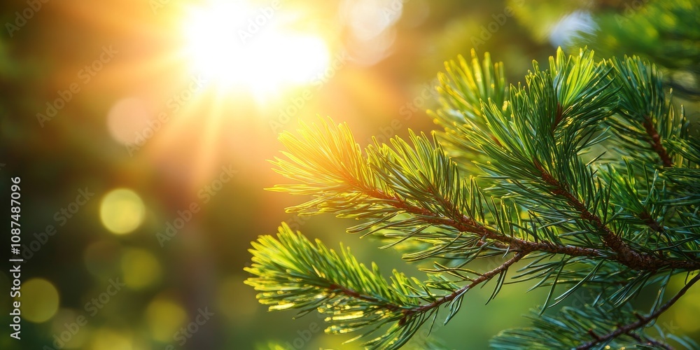 Obraz premium Pine branch bathed in bright sunlight, showcasing the beauty of nature during the morning time of day. The vibrant light highlights the lush greenery of the pine branch.