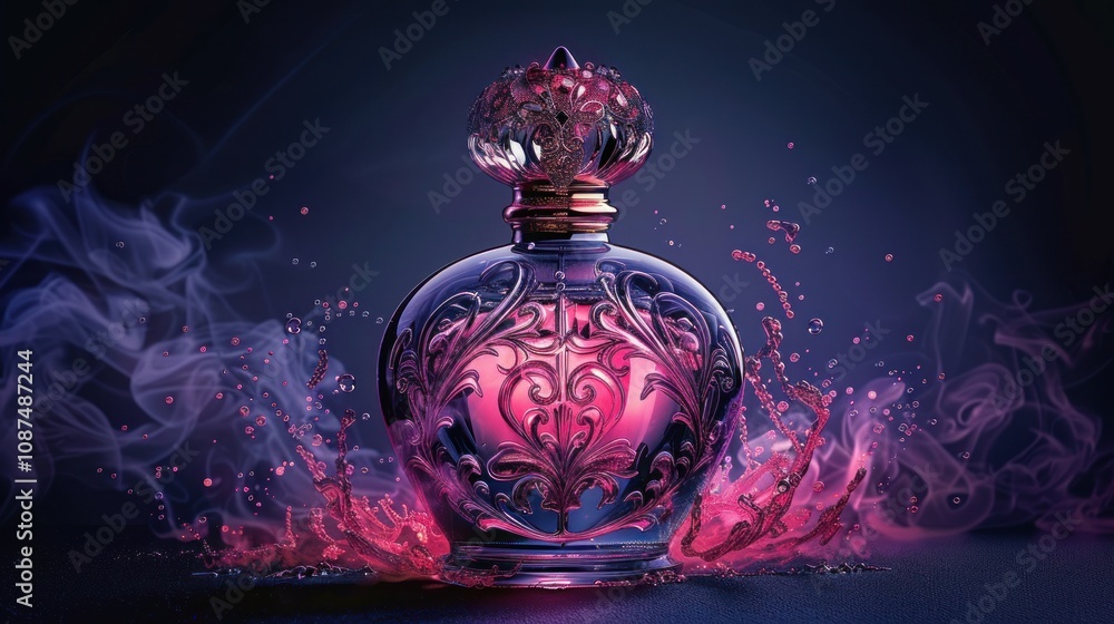 A ornate glass perfume bottle with a pink liquid and smoke rising from the base on a dark blue background. A ornate glass perfume bottle with a pink liquid and smoke rising from the base on a dark blue background.