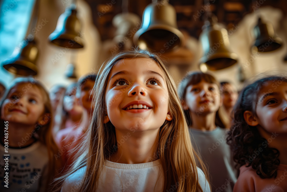 A group of children standing in front of a group of bells A group of children standing in front of a group of bells