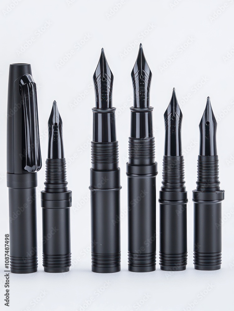 A collection of black fountain pen nibs and bodies arranged in a row. A collection of black fountain pen nibs and bodies arranged in a row.