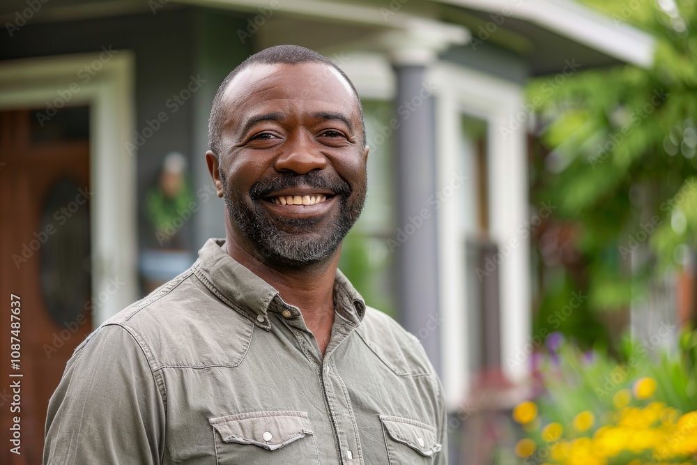 Portrait of a smiling African American standing proudly in front of house Portrait of a smiling African American standing proudly in front of house