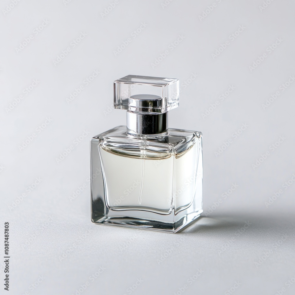 A clear glass perfume bottle filled with liquid, elegantly designed for fragrance storage. A clear glass perfume bottle filled with liquid, elegantly designed for fragrance storage.