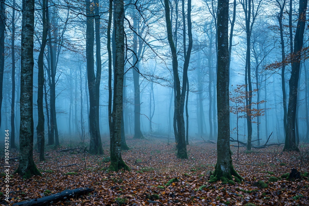 Obraz premium Mysterious Misty Forest: A Tranquil Retreat into Nature's Embrace