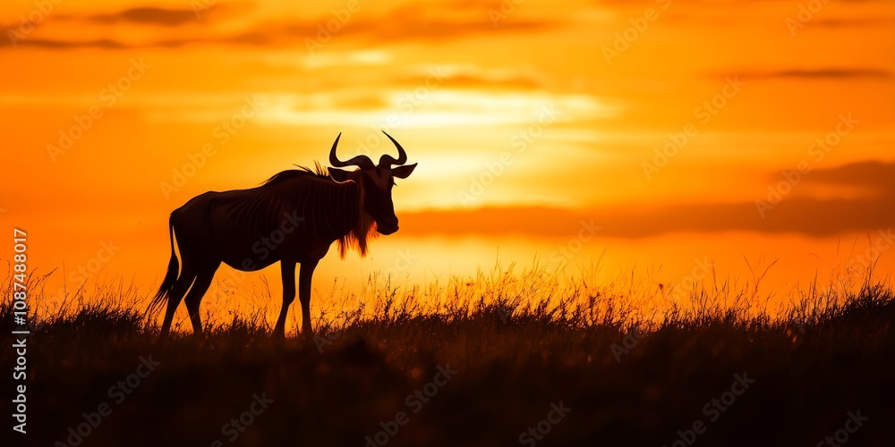 Silhouette of a wildebeest antelope against a vibrant orange sunset sky, capturing the beauty of a wildebeest in a dramatic evening scene, showcasing nature s serene colors.