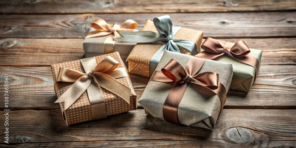 Fototapeta premium A Rustic Collection of Gift Boxes Tied with Elegant Satin Ribbons, Ready to Spread Joy