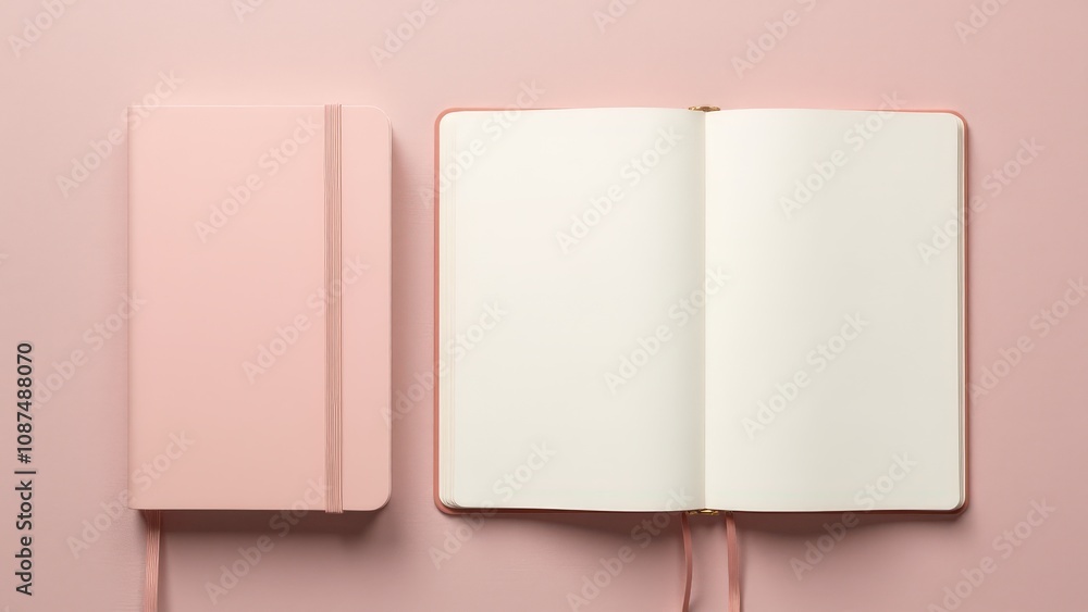 A high-quality moleskine mockup featuring a pastel notebook, open with blank pages and closed with an elastic band, set on a textured background. A high-quality moleskine mockup featuring a pastel notebook, open with blank pages and closed with an elastic band, set on a textured background.