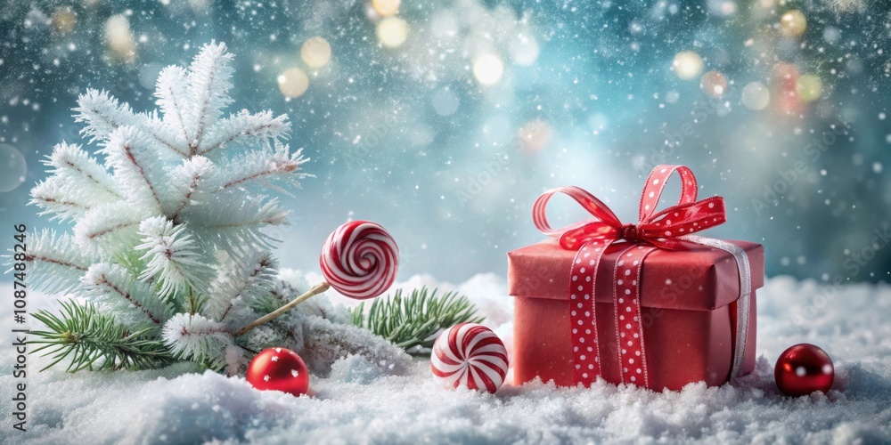 A Festive Winter Scene with a Red Gift Box, Candy Canes, and a Frosty Pine Branch in the Snow A Festive Winter Scene with a Red Gift Box, Candy Canes, and a Frosty Pine Branch in the Snow