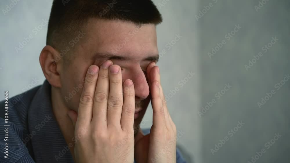 The young guy rolls his eyes.
A man has dust in his eyes and is trying to escape.
Sensitivity of the eyes to light.
The guy's eyes are watering The young guy rolls his eyes.
A man has dust in his eyes and is trying to escape.
Sensitivity of the eyes to light.
The guy's eyes are watering