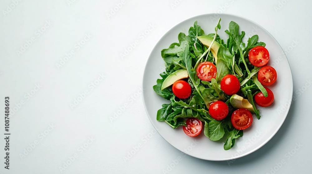 Nutrient-Dense Fresh Vegetable Salad Close-Up on White Plate with Cherry Tomatoes and Avocado, Negative Space Concept Photography Nutrient-Dense Fresh Vegetable Salad Close-Up on White Plate with Cherry Tomatoes and Avocado, Negative Space Concept Photography